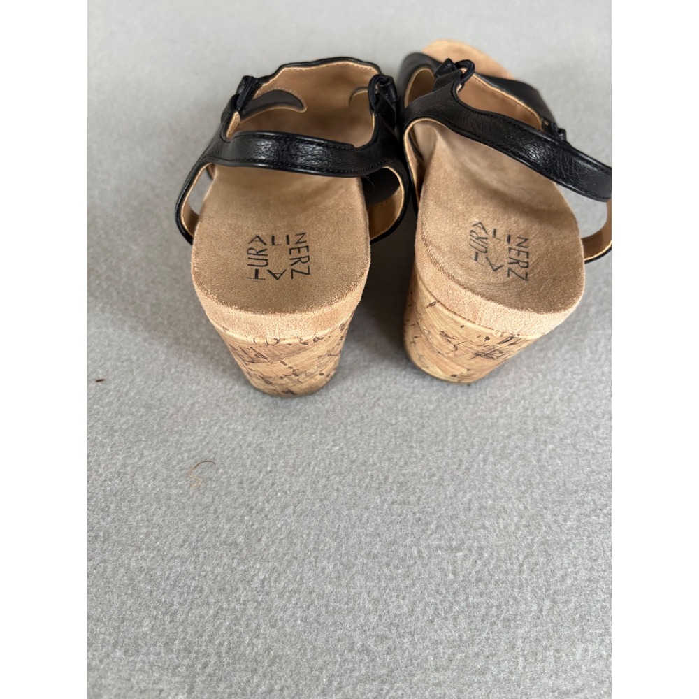 Naturalizer T-Strap Wedge Sandals 10M Excellent Black Cork Slingback Comfort - Picture 3 of 7